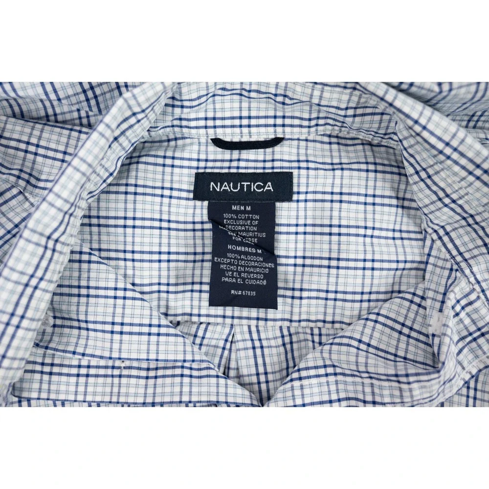 Nautica Button Down Shirt Mens M Blue White Plaid‎ Long Sleeve Cotton office